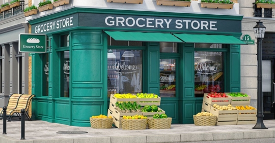 Grocery storefront with fresh produce outside
